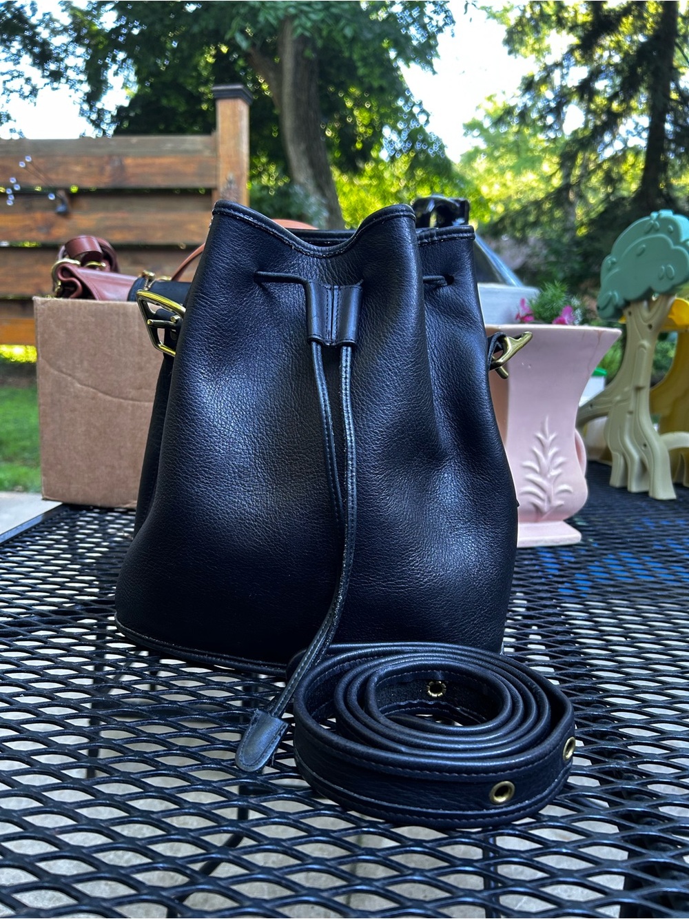 Coach Vintage Black Leather Drawstring Crossbody Bucket Bag 9952